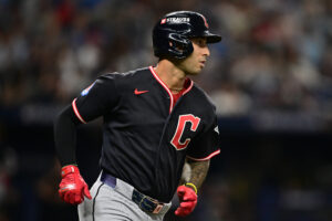 ST PETERSBURG, FLORIDA - OCTOBER 19: Brayan Rocchio #4 of the Cleveland Guardians hits a single during the third inning against the Tampa Bay Rays in game six of the American League Championship Series at Tropicana Field on October 19, 2026 in St Petersburg, Florida.