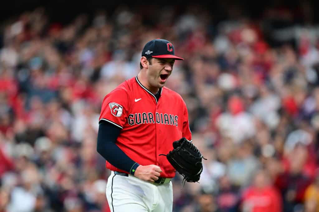 CLEVELAND, OHIO - OCTOBER 05: Gavin Williams #32 of the Cleveland Guardians reacts after a strike out during the fifth inning against the Chicago White Sox in game two of the American League Division Series at Progressive Field on October 05, 2026 in Cleveland, Ohio.