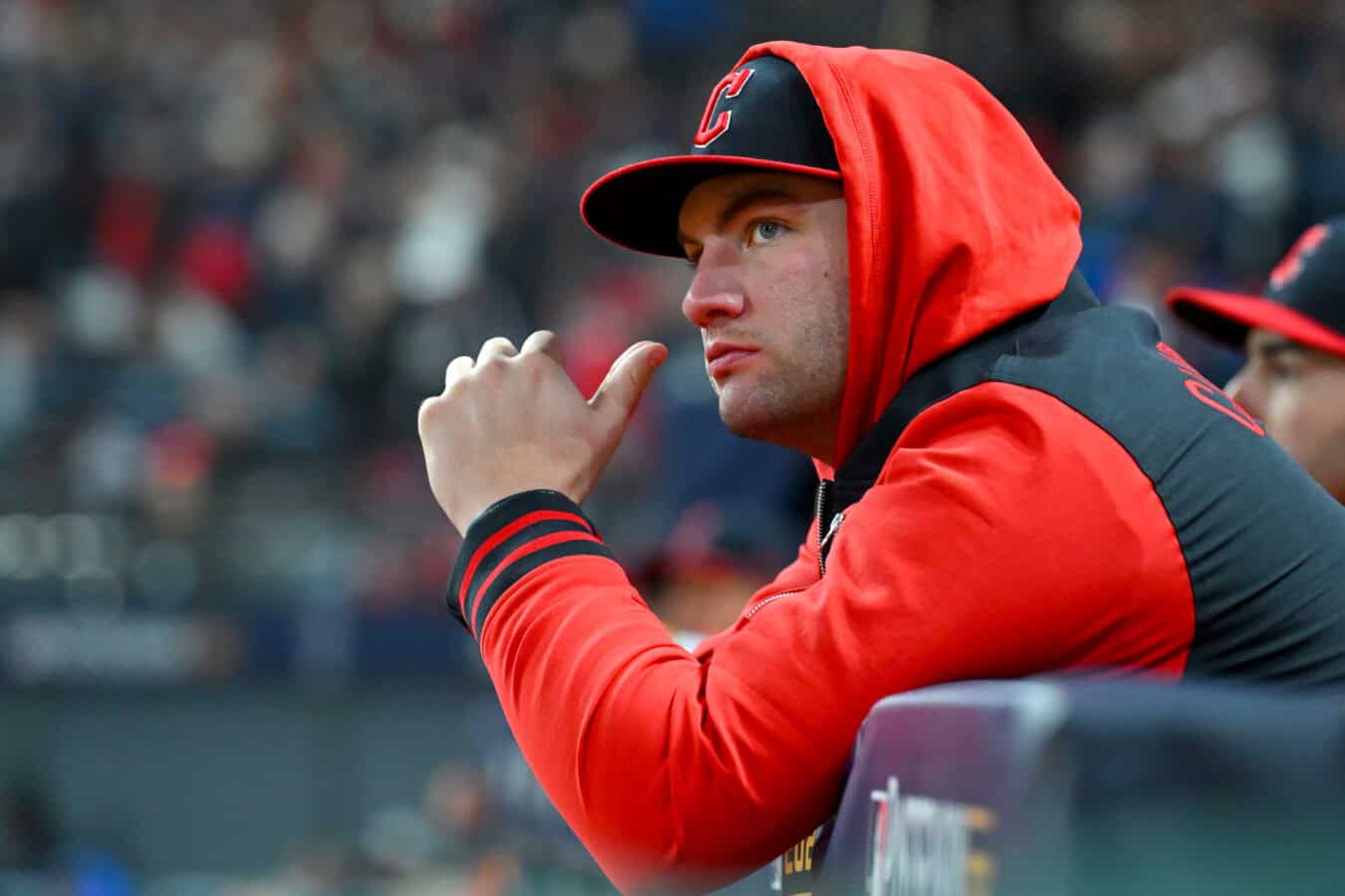 CLEVELAND, OHIO - OCTOBER 17: Gavin Williams #32 of the Cleveland Guardians looks on from the dugout during the seventh inning against the Tampa Bay Rays in game four of the American League Championship Series at Progressive Field on October 17, 2026 in Cleveland, Ohio.