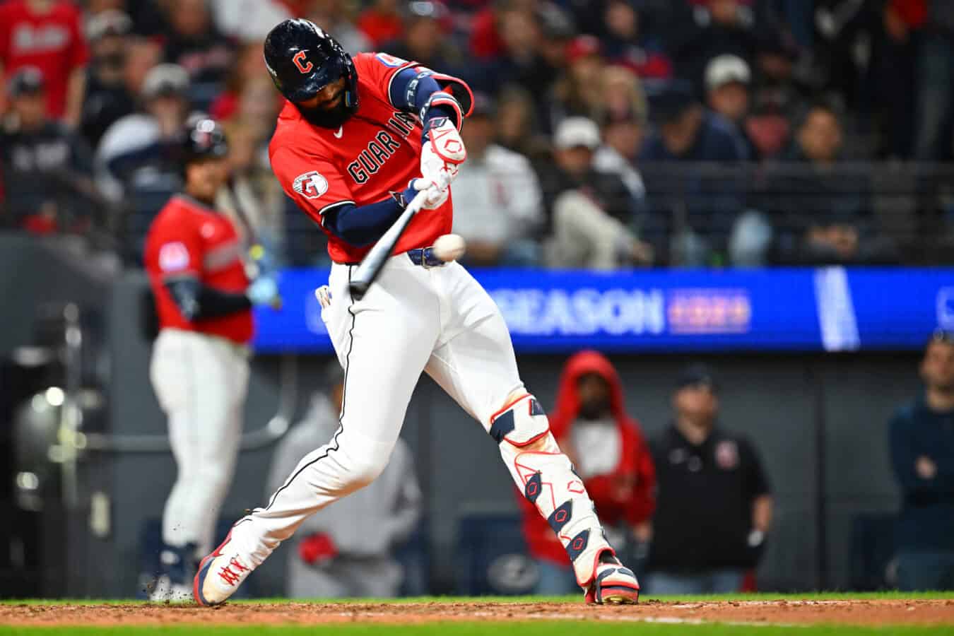 CLEVELAND, OHIO - OCTOBER 05: Jo Adell #7 of the Cleveland Guardians hits an RBI Triple during the eighth inning against the Chicago White Sox in game two of the American League Division Series at Progressive Field on October 05, 2026 in Cleveland, Ohio.
