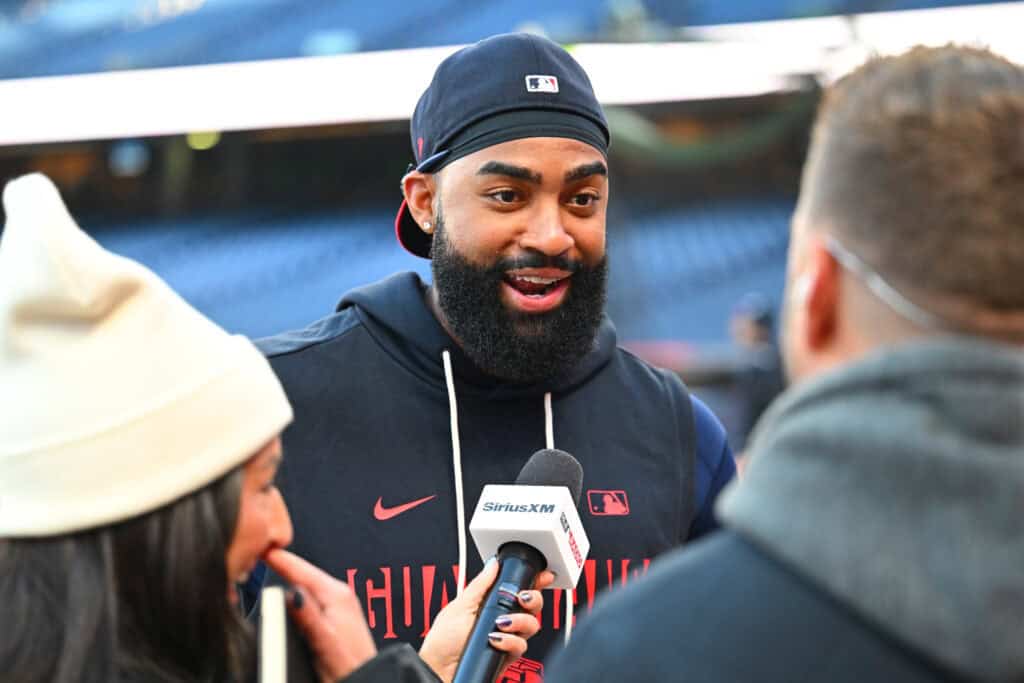 CLEVELAND, OHIO - OCTOBER 16: Jo Adell #7 of the Cleveland Guardians speaks with the media prior to game four of the American League Championship Series against the Tampa Bay Rays at Progressive Field on October 16, 2026 in Cleveland, Ohio.