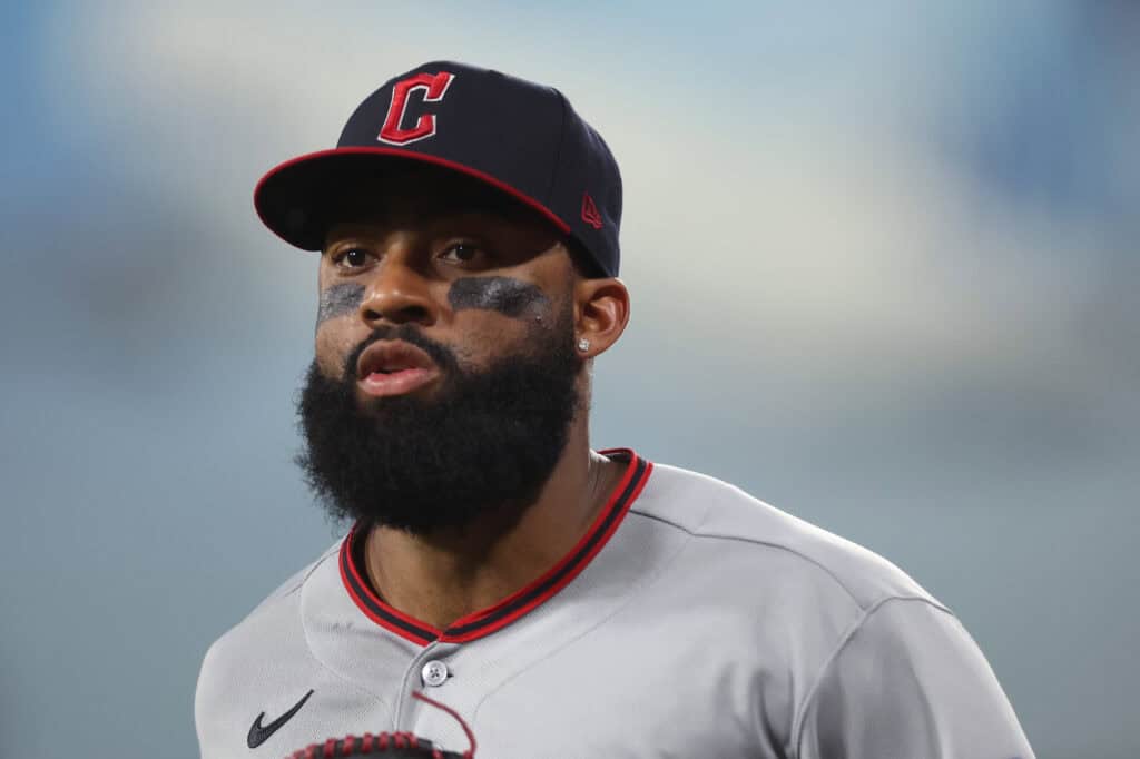 CHICAGO, ILLINOIS - AUGUST 07: Jo Adell #7 of the Cleveland Guardians looks on against the Chicago White Sox at Rate Field on August 07, 2026 in Chicago, Illinois.