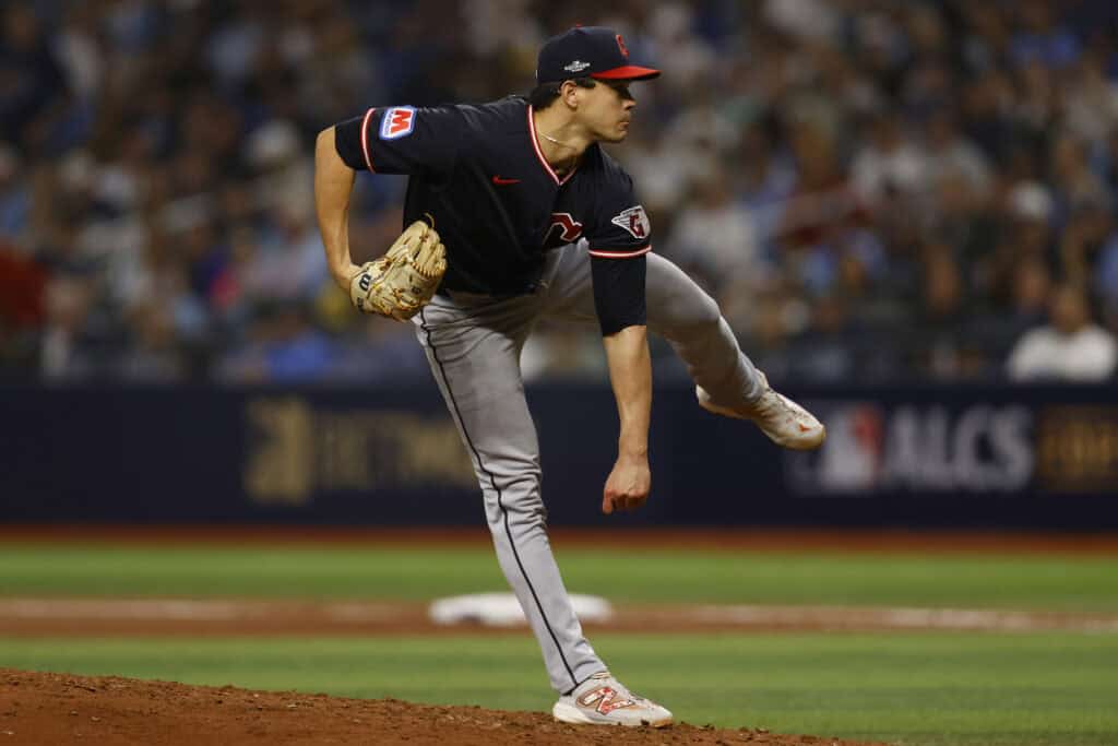 ST PETERSBURG, FLORIDA - OCTOBER 19: Joey Cantillo #54 of the Cleveland Guardians throws a pitch during the fourth inning against the Tampa Bay Rays in game six of the American League Championship Series at Tropicana Field on October 19, 2026 in St Petersburg, Florida.