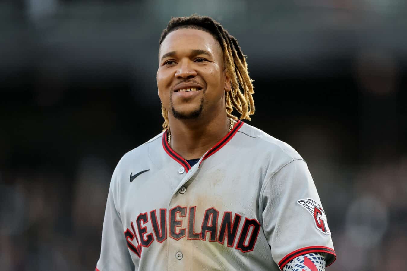 CHICAGO, ILLINOIS - OCTOBER 07: Jose Ramirez #11 of the Cleveland Guardians smiles against the Chicago White Sox at the end of the eighth inning in game three of the American League Division Series at Rate Field on October 07, 2026 in Chicago, Illinois.