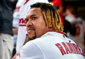 CLEVELAND, OHIO - OCTOBER 18: Jose Ramirez #11 of the Cleveland Guardians looks on during the fifth inning against the Tampa Bay Rays in game five of the American League Championship Series at Progressive Field on October 18, 2026 in Cleveland, Ohio.