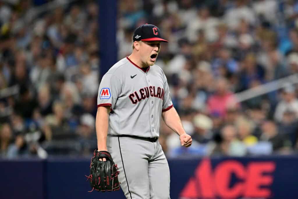 ST PETERSBURG, FLORIDA - OCTOBER 13: Parker Messick #77 of the Cleveland Guardians celebrates a double play against the Tampa Bay Rays during the third inning in game two of the American League Championship Series at Tropicana Field on October 13, 2026 in St Petersburg, Florida.