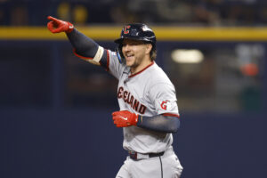 ST PETERSBURG, FLORIDA - OCTOBER 12: Patrick Bailey #16 of the Cleveland Guardians celebrates after hitting a Home Run during the seventh inning against the Tampa Bay Rays in game one of the American League Championship Series at Tropicana Field on October 12, 2026 in St Petersburg, Florida.