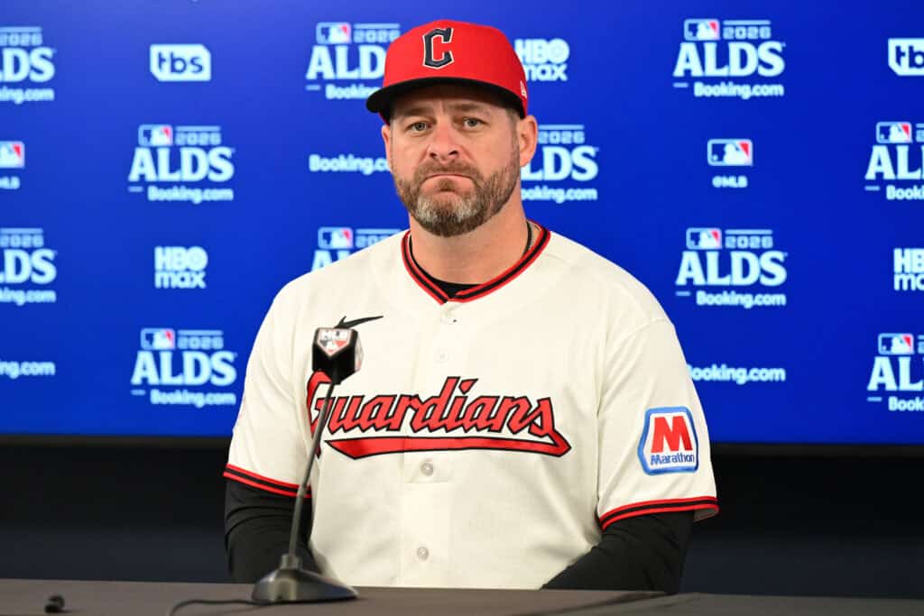 CLEVELAND, OHIO - OCTOBER 03: Manager Stephen Vogt #12 of the Cleveland Guardians speaks to the media after game one of the American League Division Series against the Chicago White Sox at Progressive Field on October 03, 2026 in Cleveland, Ohio. The White Sox defeated the Guardians 3-0.