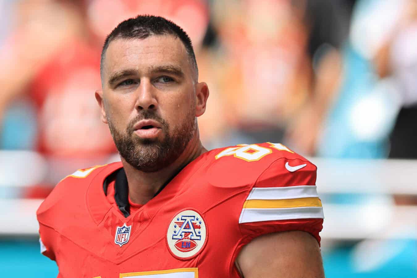 MIAMI GARDENS, FLORIDA - SEPTEMBER 27: Travis Kelce #87 of the Kansas City Chiefs looks on against the Miami Dolphins at Hard Rock Stadium on September 27, 2026 in Miami Gardens, Florida.